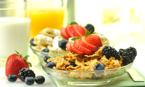 Orange Juice with Wheat Bran, Berries, Milk.